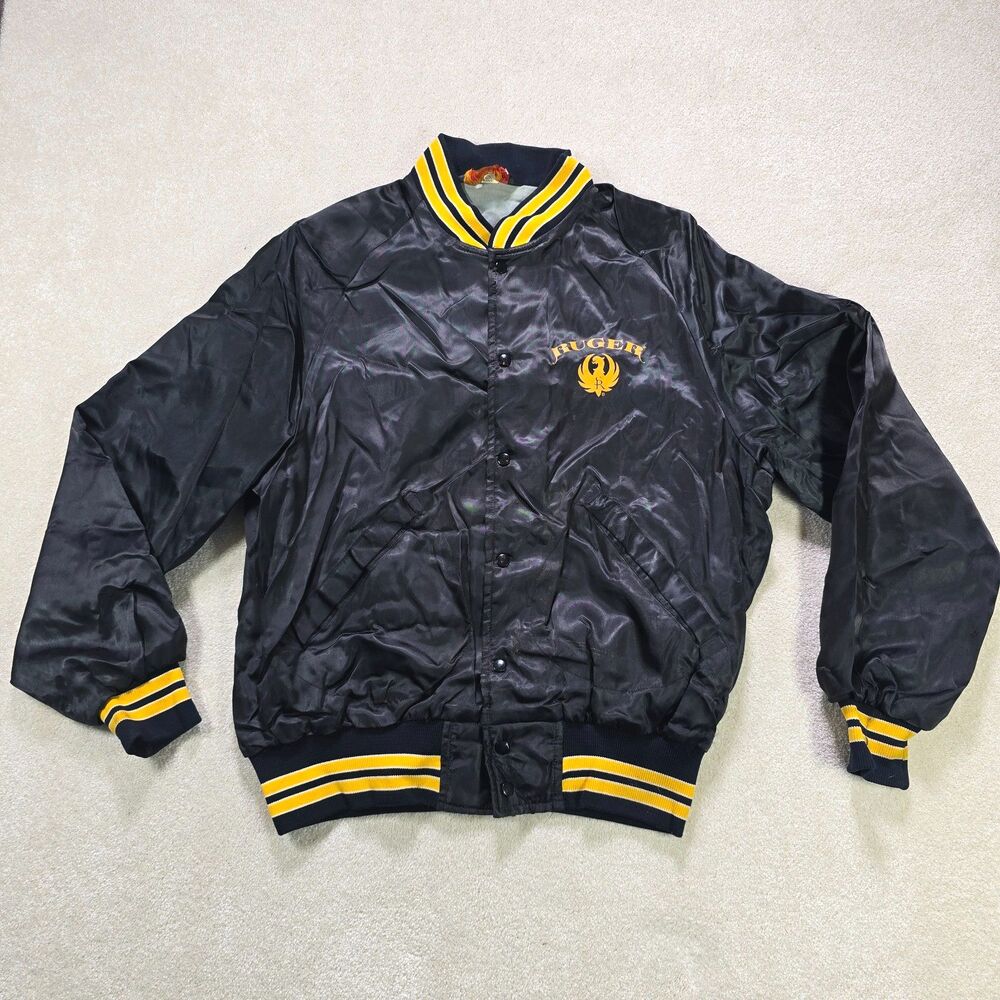RUGER VTG USA Made Black Satin Mens L Dunbrooke Lined Bomber Jacket RARE Vintage